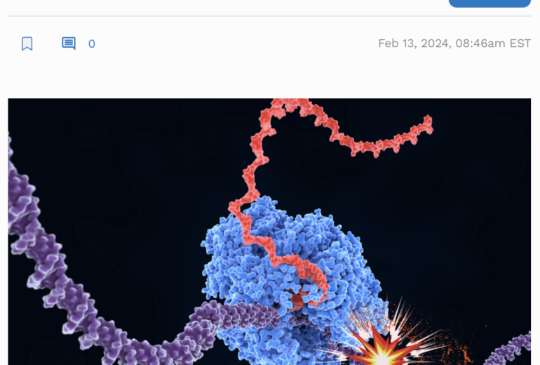 RNA Polymerase (shown in blue) moves across a template strand of DNA (shown in purple) and transcribes it into RNA (shown in red). But DNA damage blocks the RNA polymerase, causing it to stall and interfering with DNA transcription.