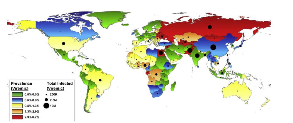 Map of global distribution of HCV infections in 2015