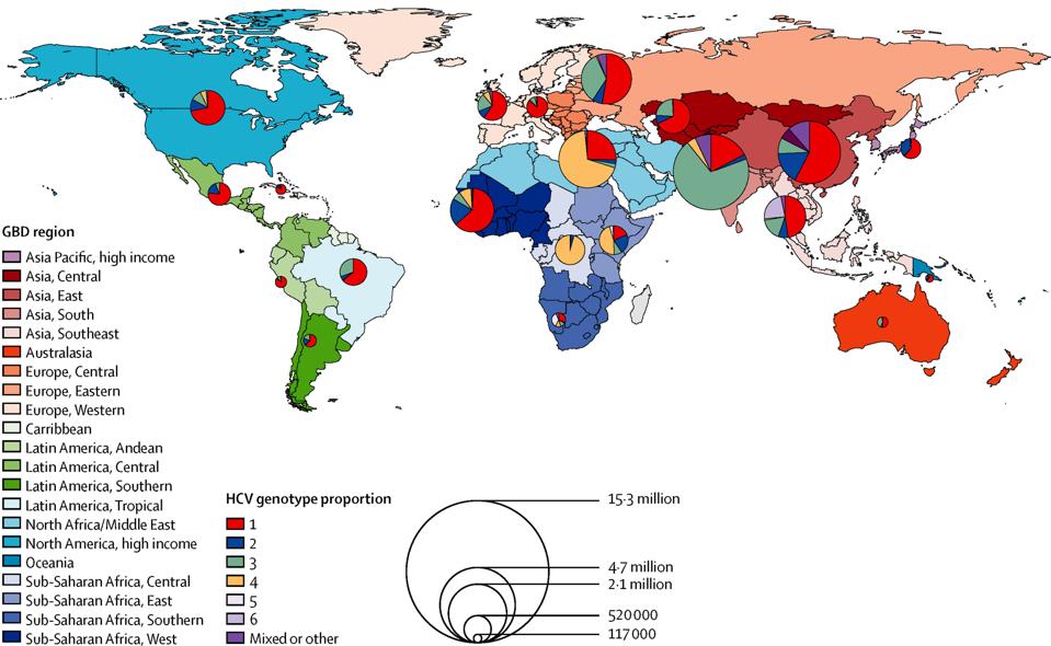 Distribution of HCV by genotype and number infected in each GBD