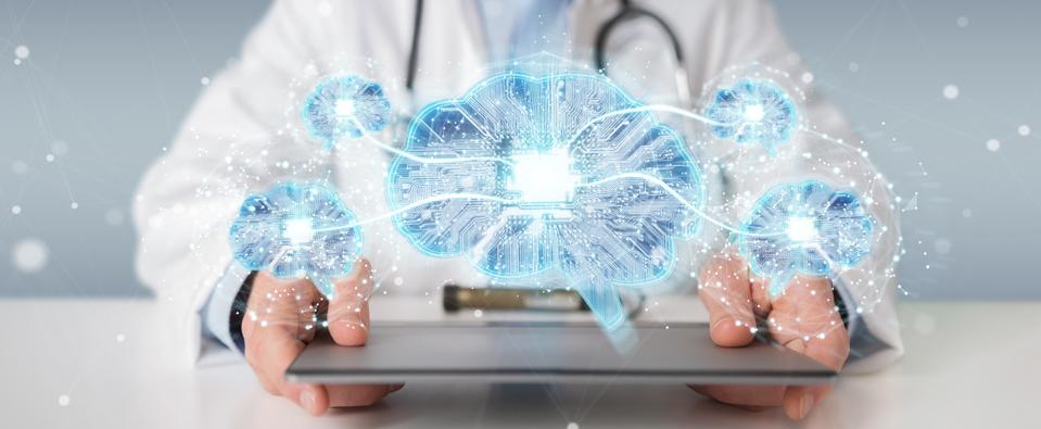 Doctor creating artificial intelligence interface 3D rendering