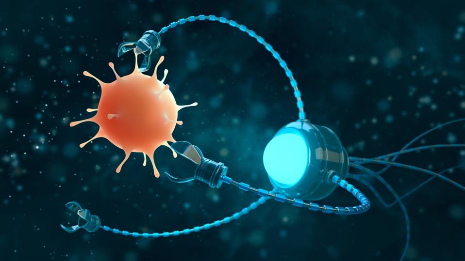 Medical concept in the field of nanotechnology. A nanobot studies or kills a virus. 3 d rendering.