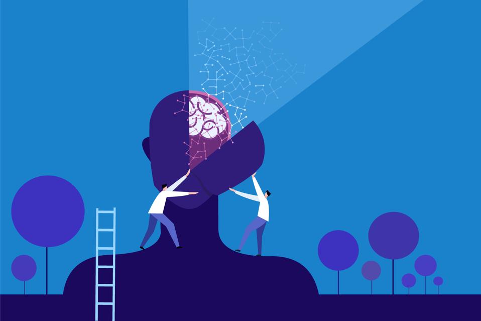 Conceptual illustration of a human brain spilt open to extract the neural networks