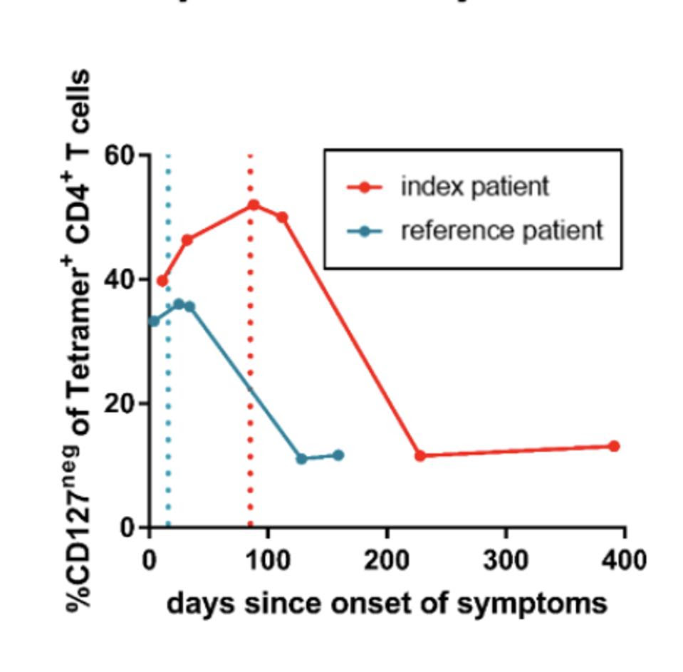 Graph, percentage of CD127 negative T cells for index and reference patient.